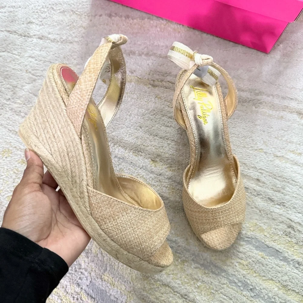 Lilly Pulitzer Paley Panama Raffia Espadrille Wedge Sandals Size 6